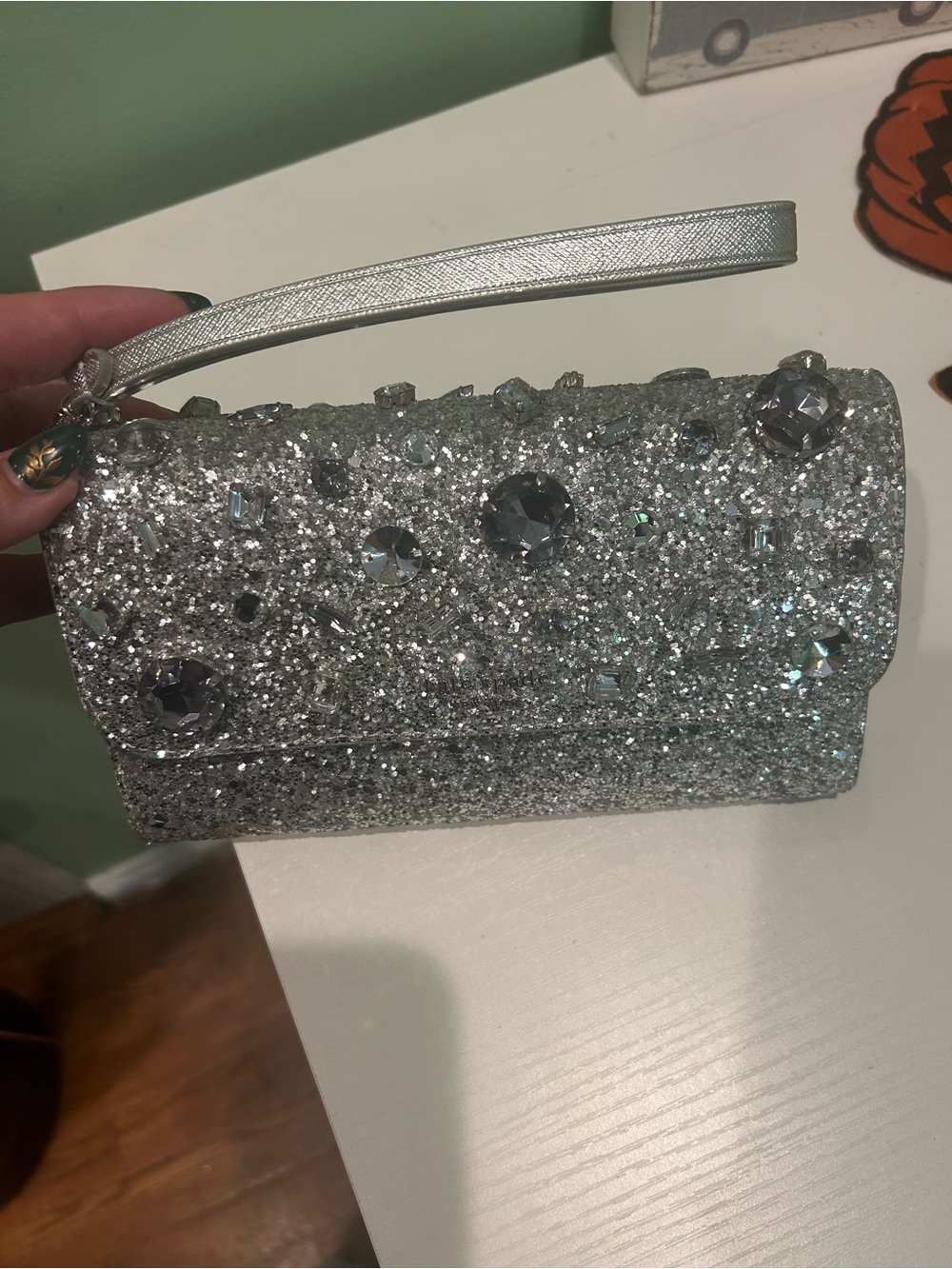 Kate Spade New York Jeweled Glitter Medium Flap Phone Wristlet Silver Rhinestone